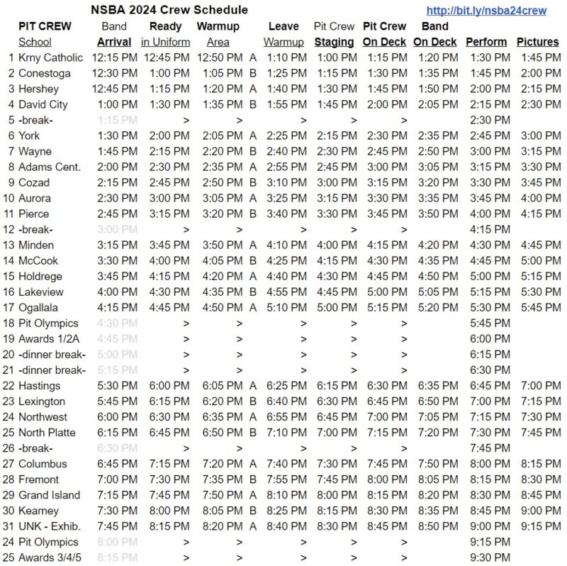 A chart showing the different school's Pit Crews and their time slots.