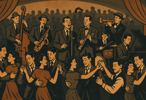 Cover photo for the Big Band Dance, showing a sing band in front of a dancing crowd.