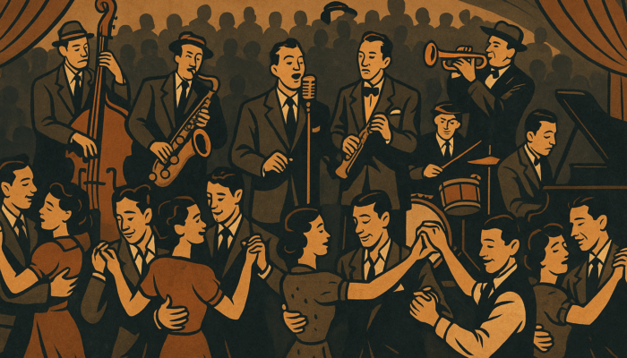 Cover photo for the Big Band Dance, showing a sing band in front of a dancing crowd.