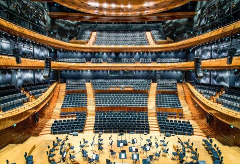 Empty concert hall with house lights on