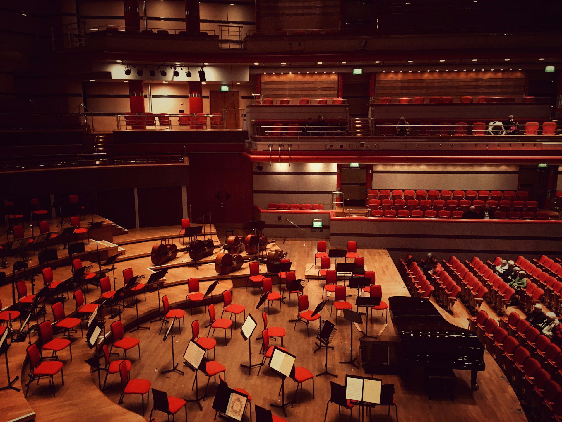 An orchestra hall before any audience or performers arrive.