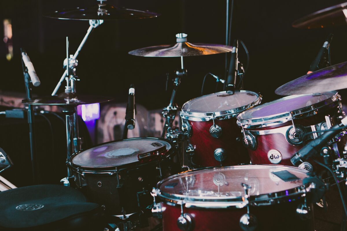 Drum kit assembled ready for performance.