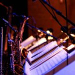 Jazz instruments with music stands and lights