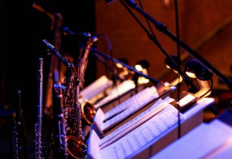 Jazz instruments with music stands and lights